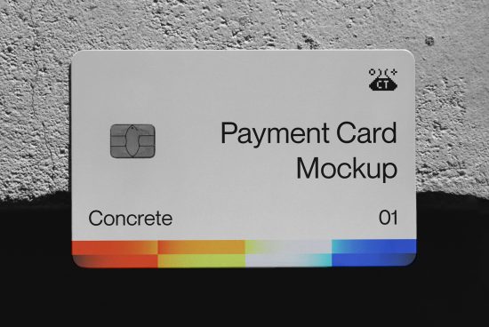 Realistic credit card mockup on concrete texture with color spectrum, showcasing design and branding presentation for designers.